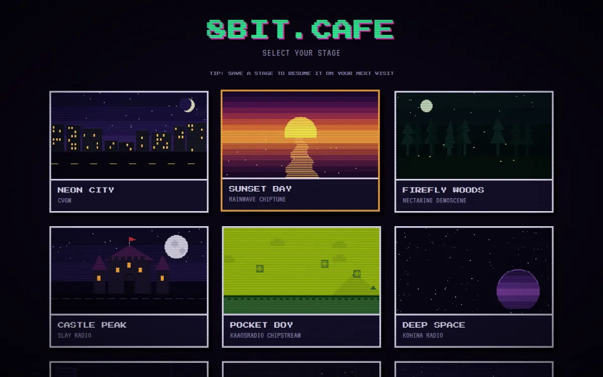 Selector de escenarios de 8bit.cafe con mundos de radio animados en pixel art