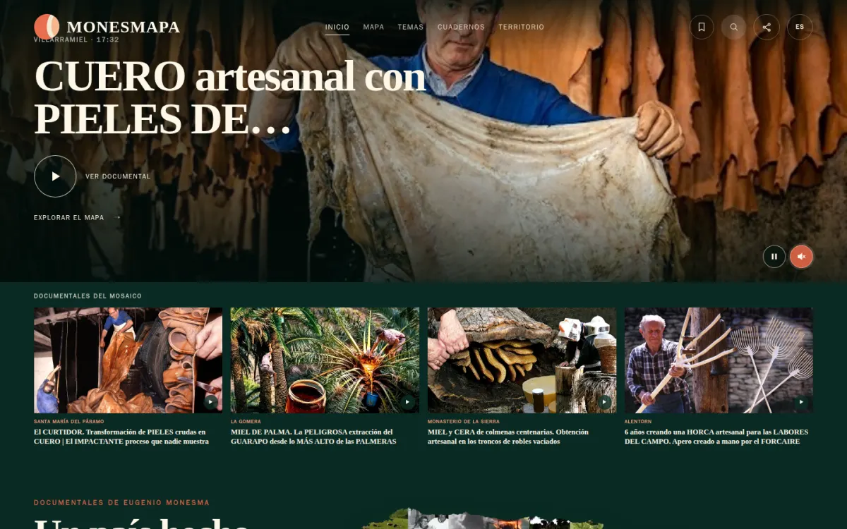 Portada de Monesmapa con un documental destacado y un mosaico de oficios tradicionales